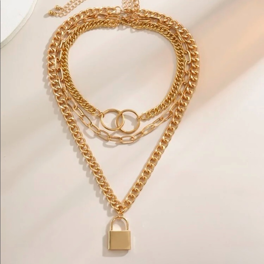 GOLD 3pc Lock Charm Chain Necklace - Picture 2 of 3